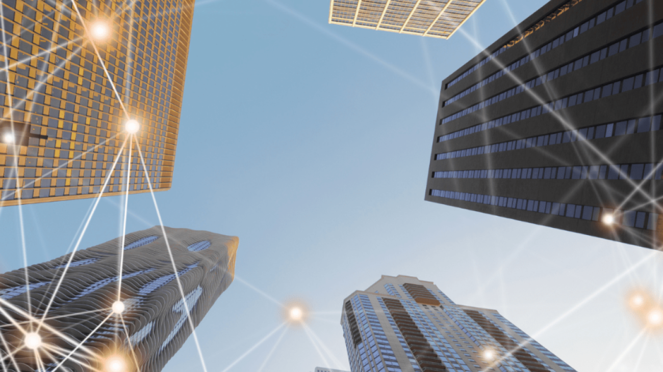 a low-angle image of skyscrapers and digital lines suggesting that DIY SEO Architects can build websites on their own