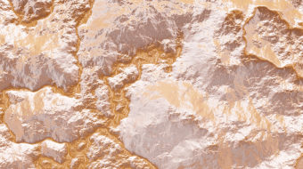 A textured surface with a mix of metallic and earthy tones, featuring irregular shapes and patterns reminiscent of a rocky or uneven terrain. The colors primarily consist of shades of copper and gold, with highlighted and shadowed areas creating a dynamic, three-dimensional effect.